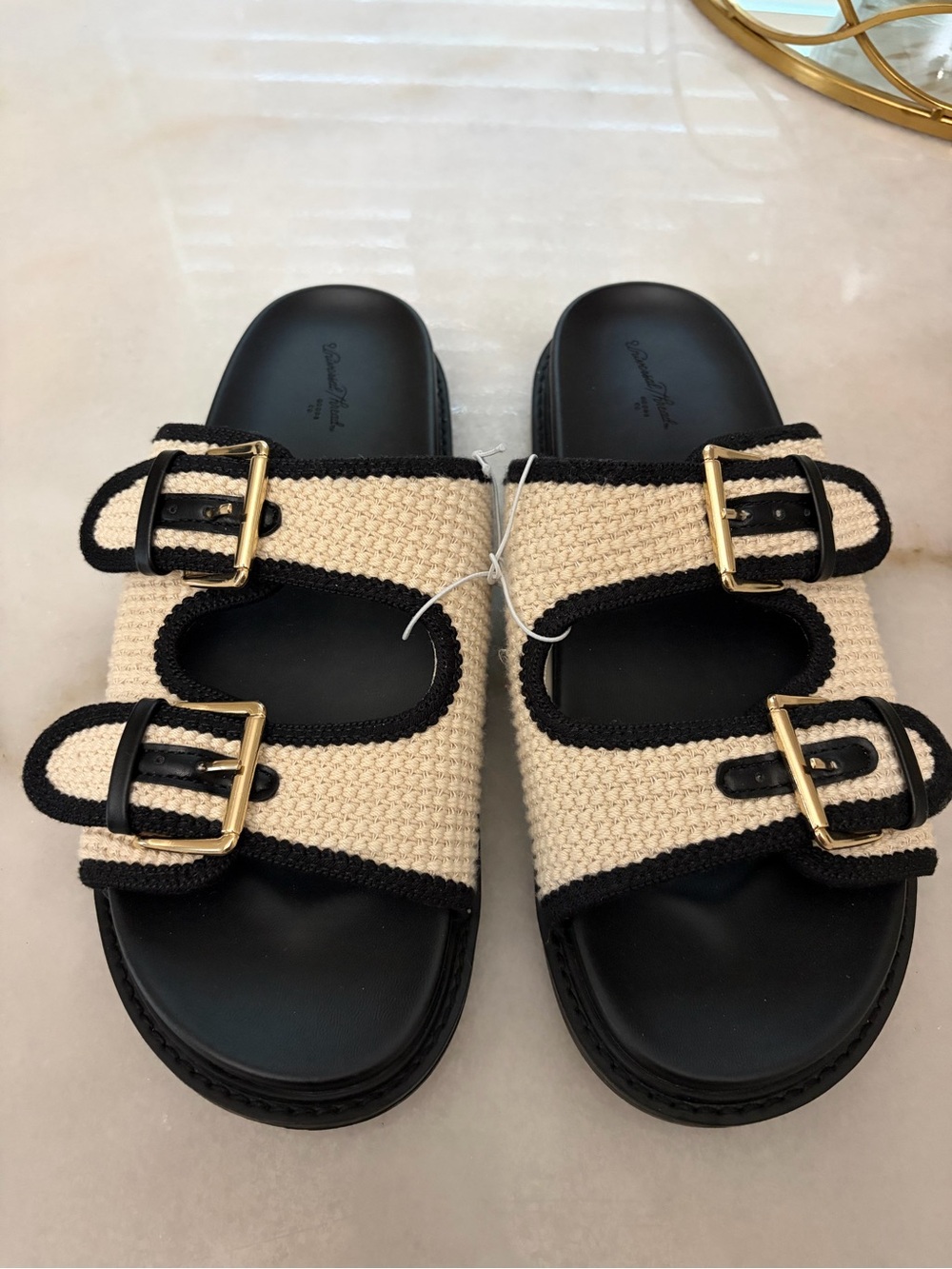 Universal Thread Cream and Black Buckle Slide Sandals